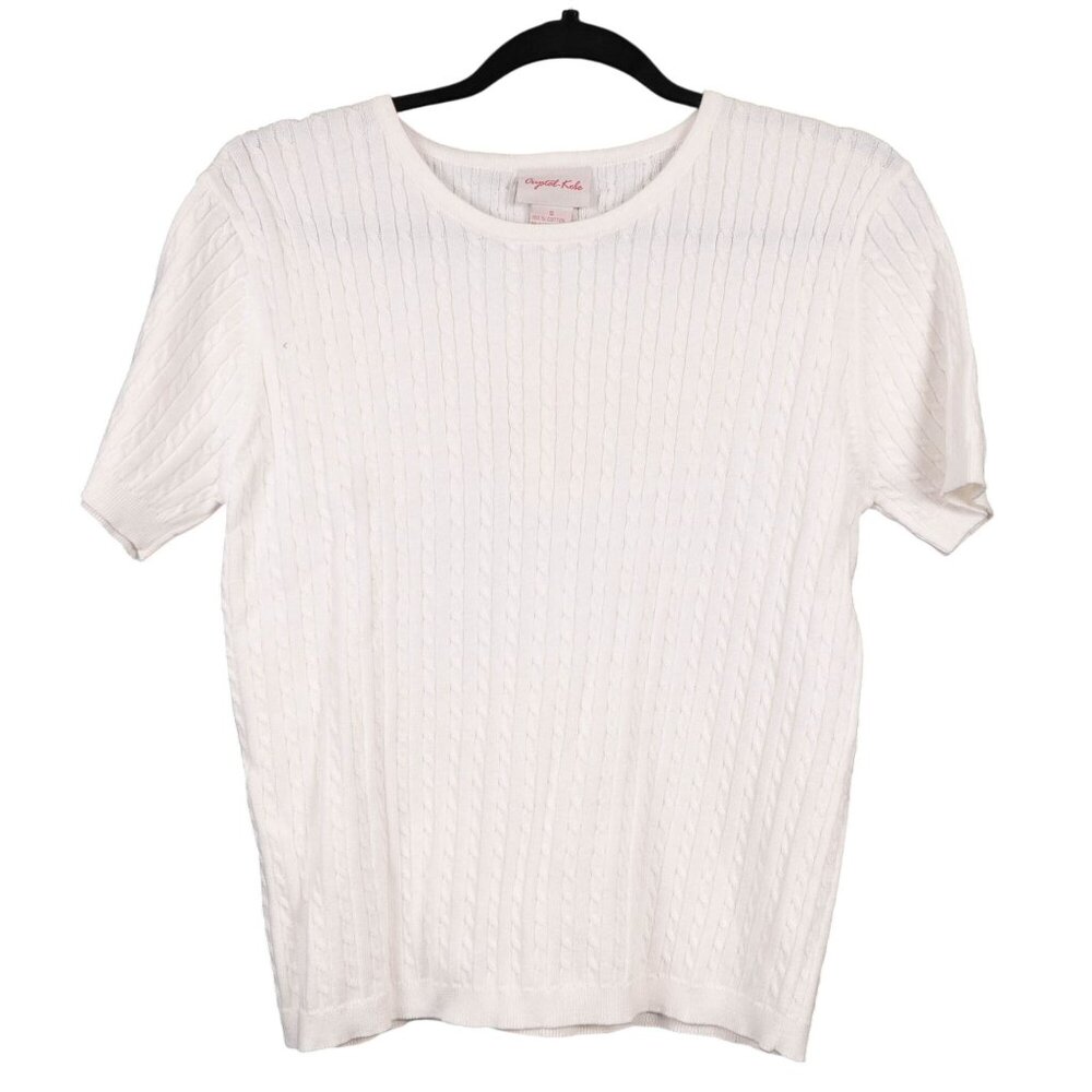 Crystal Kobe Cable Knit Sweater S VTG Womens White Short Sleeve Cotton Stretch